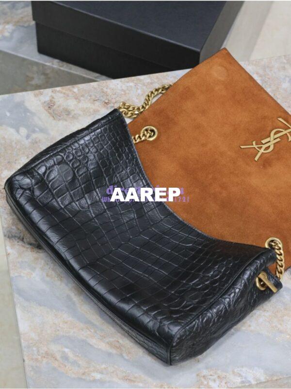 Replica YSL Saint Laurent Reversible Kate Medium In Crocodile-embossed Leather and Suede 553804 Black and Military Taupe 5