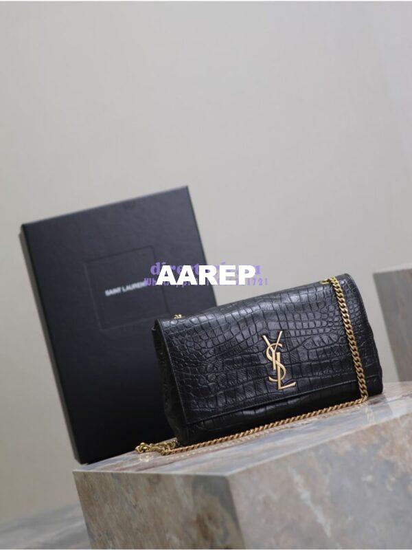 Replica YSL Saint Laurent Reversible Kate Medium In Crocodile-embossed Leather and Suede 553804 Black and Military Taupe 6