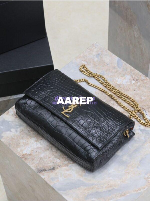 Replica YSL Saint Laurent Reversible Kate Medium In Crocodile-embossed Leather and Suede 553804 Black and Military Taupe 7
