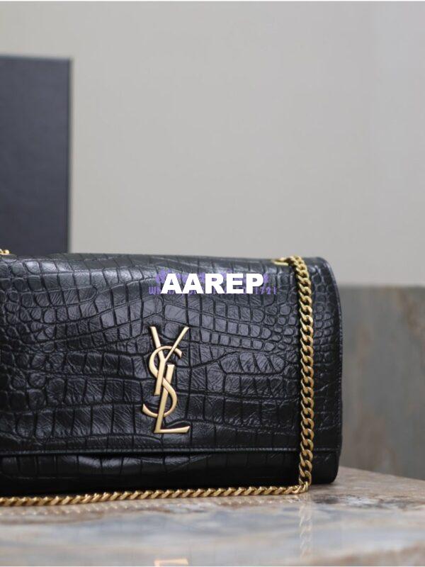Replica YSL Saint Laurent Reversible Kate Medium In Crocodile-embossed Leather and Suede 553804 Black and Military Taupe 9