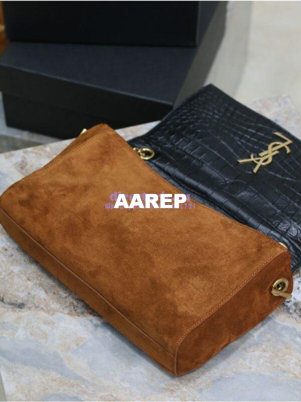 Replica YSL Saint Laurent Reversible Kate Medium In Crocodile-embossed Leather and Suede 553804 Black and Military Taupe 19
