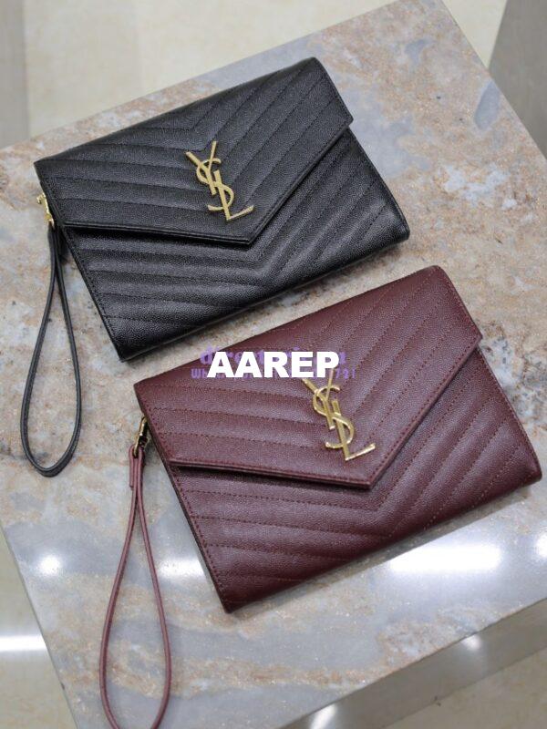 Replica YSL Saint Laurent Monogram Clutch in Quilted Grain De Poudre Embossed Leather 617662 Wine 3