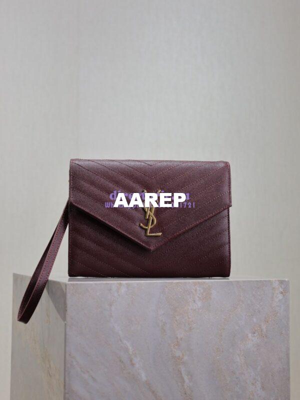 Replica YSL Saint Laurent Monogram Clutch in Quilted Grain De Poudre Embossed Leather 617662 Wine 4