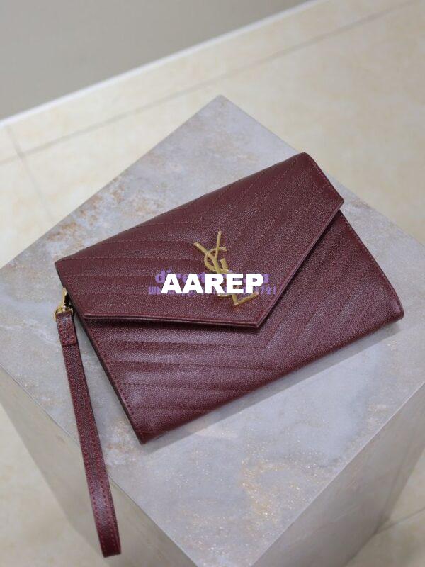 Replica YSL Saint Laurent Monogram Clutch in Quilted Grain De Poudre Embossed Leather 617662 Wine 5