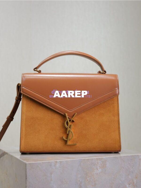 Replica YSL Saint Laurent Cassandra Medium Top Handle In Box Leather And Suede 578000 Cognac 4