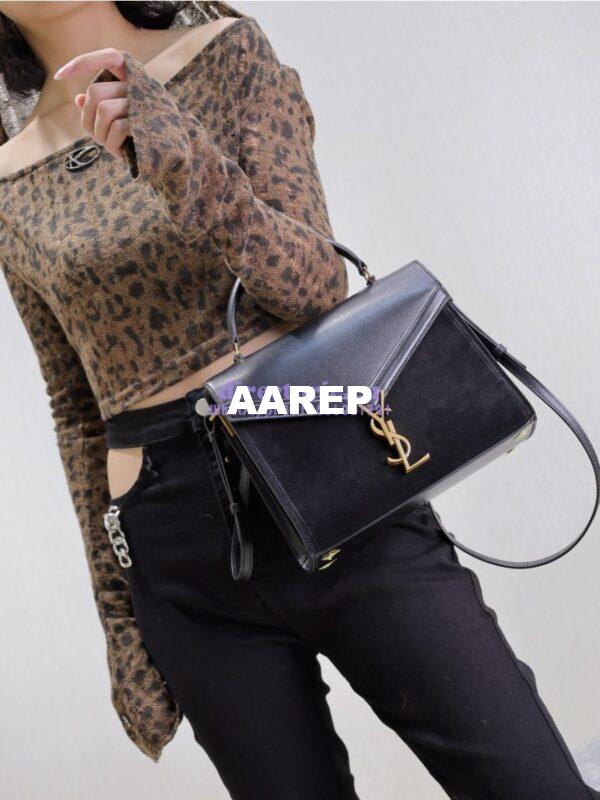 Replica YSL Saint Laurent Cassandra Medium Top Handle In Box Leather And Suede 578000 Black 19