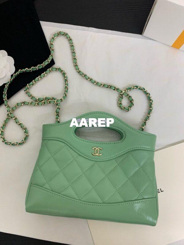 Replica Chanel 24C 31 Mini Shopping Bag Chain Clutch Shiny Lambskin & Gold-Tone Metal AS3656 Light Green