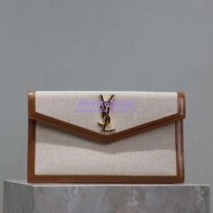 Replica Saint Laurent YSL Uptown Pouch in Canvas and Smooth Leather – Beige