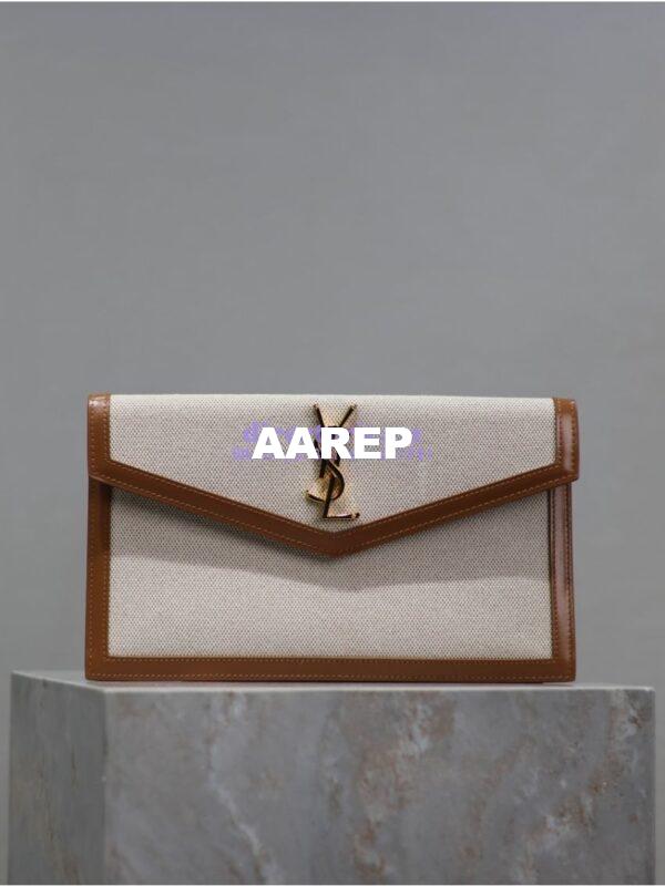 Replica Saint Laurent YSL Uptown Pouch in Canvas and Smooth Leather – Beige 3