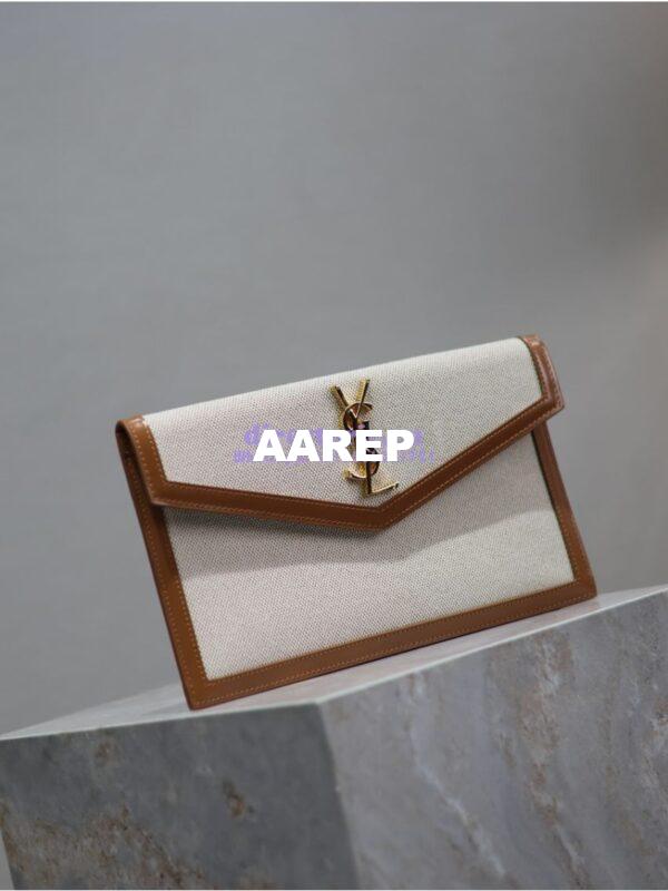 Replica Saint Laurent YSL Uptown Pouch in Canvas and Smooth Leather – Beige 5
