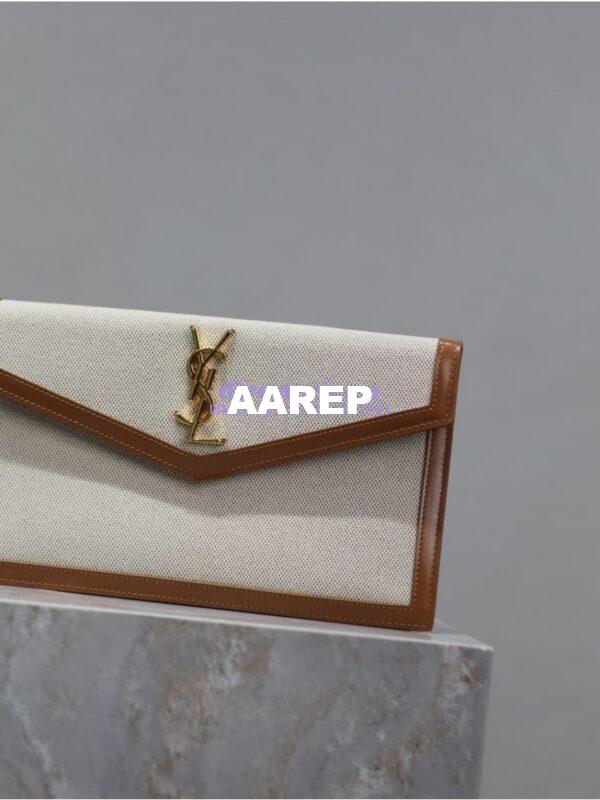 Replica Saint Laurent YSL Uptown Pouch in Canvas and Smooth Leather – Beige 7