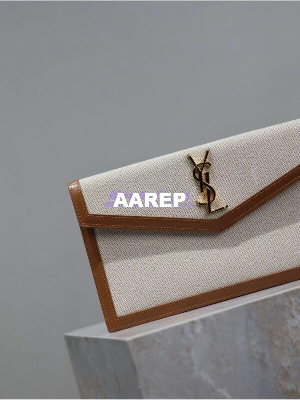Replica Saint Laurent YSL Uptown Pouch in Canvas and Smooth Leather – Beige 10