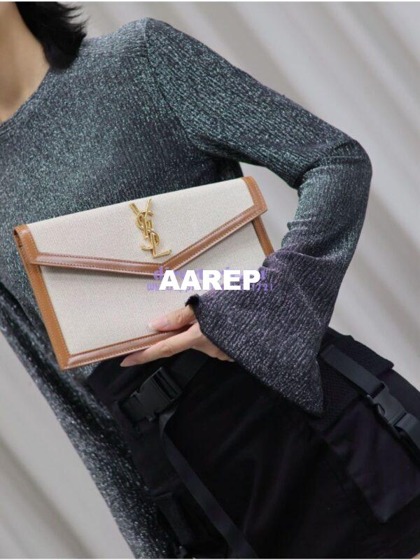 Replica Saint Laurent YSL Uptown Pouch in Canvas and Smooth Leather – Beige 15