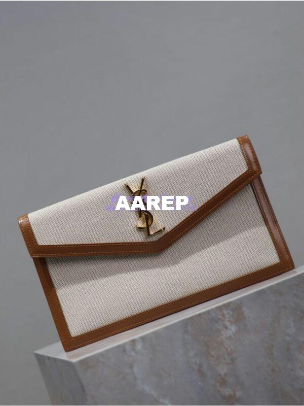 Replica Saint Laurent YSL Uptown Pouch in Canvas and Smooth Leather – Beige 18