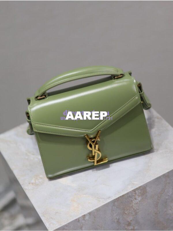 Replica YSL Saint Laurent Cassandra Mini Top Handle Bag In Smooth Shiny Leather 602716 Avocada 10