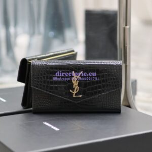 Replica Saint Laurent YSL Uptown Large Wallet in Crocodile-Embossed Shiny Leather black 582124