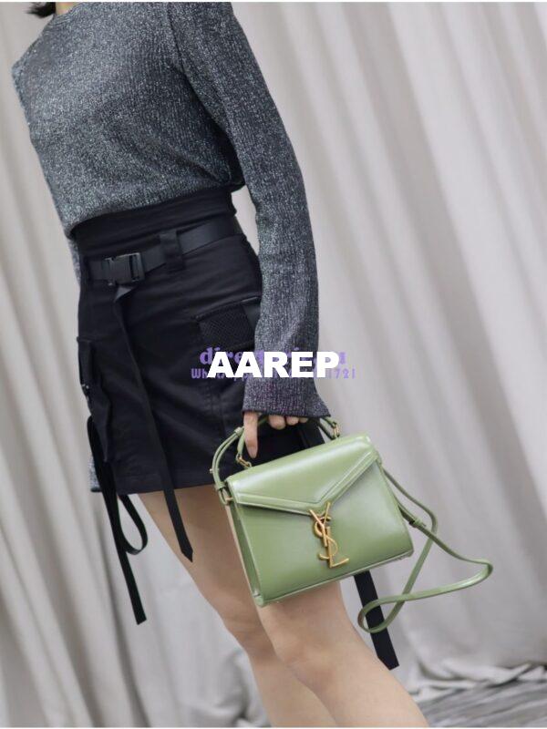 Replica YSL Saint Laurent Cassandra Mini Top Handle Bag In Smooth Shiny Leather 602716 Avocada 15