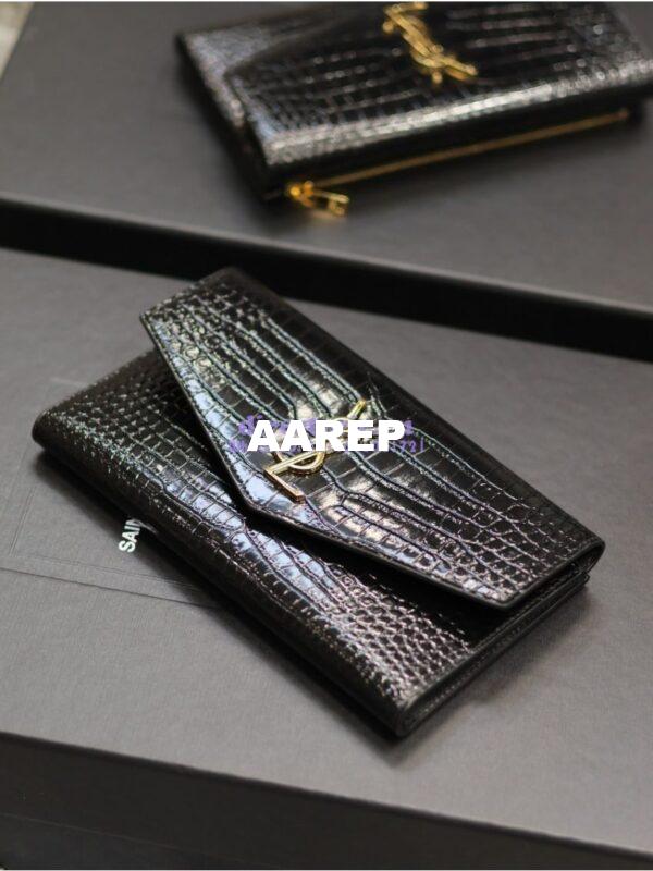 Replica Saint Laurent YSL Uptown Large Wallet in Crocodile-Embossed Shiny Leather black 582124 7