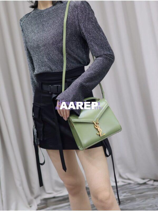 Replica YSL Saint Laurent Cassandra Mini Top Handle Bag In Smooth Shiny Leather 602716 Avocada 17