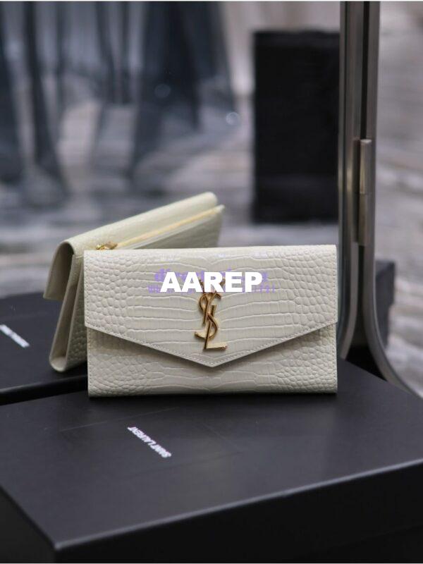 Replica Saint Laurent YSL Uptown Large Wallet in Crocodile-Embossed Shiny Leather white 3