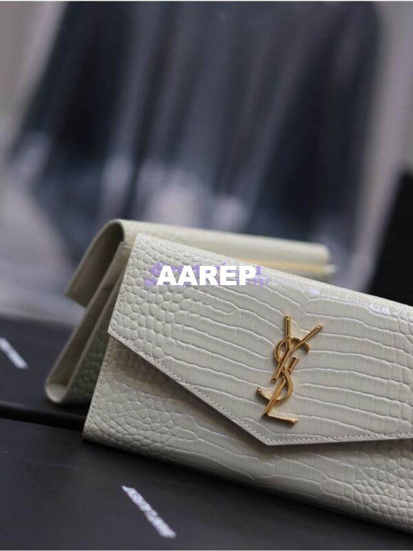 Replica Saint Laurent YSL Uptown Large Wallet in Crocodile-Embossed Shiny Leather white 4