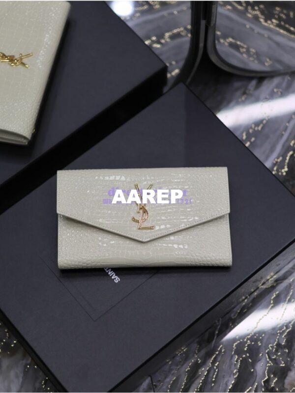 Replica Saint Laurent YSL Uptown Large Wallet in Crocodile-Embossed Shiny Leather white 6