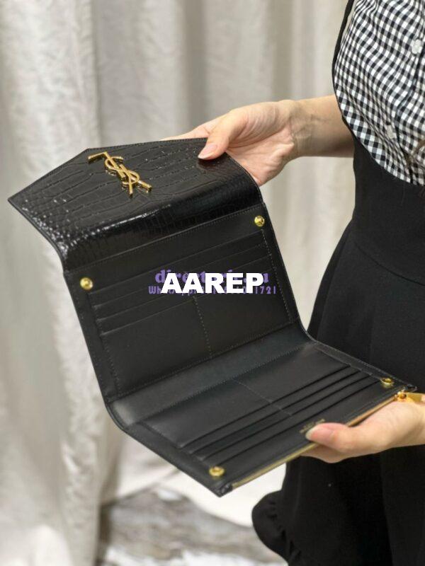 Replica Saint Laurent YSL Uptown Large Wallet in Crocodile-Embossed Shiny Leather black 582124 28