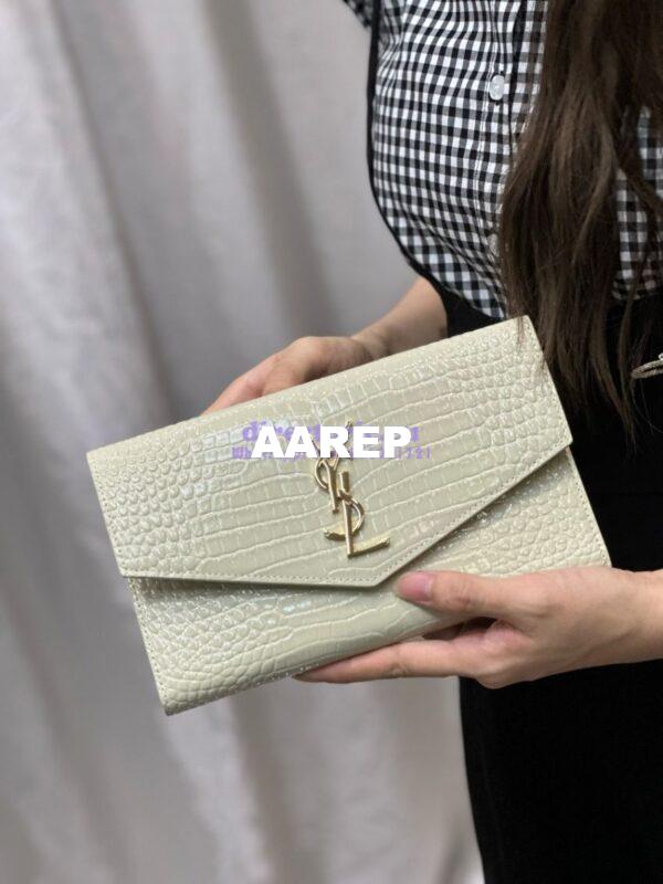 Replica Saint Laurent YSL Uptown Large Wallet in Crocodile-Embossed Shiny Leather white 20