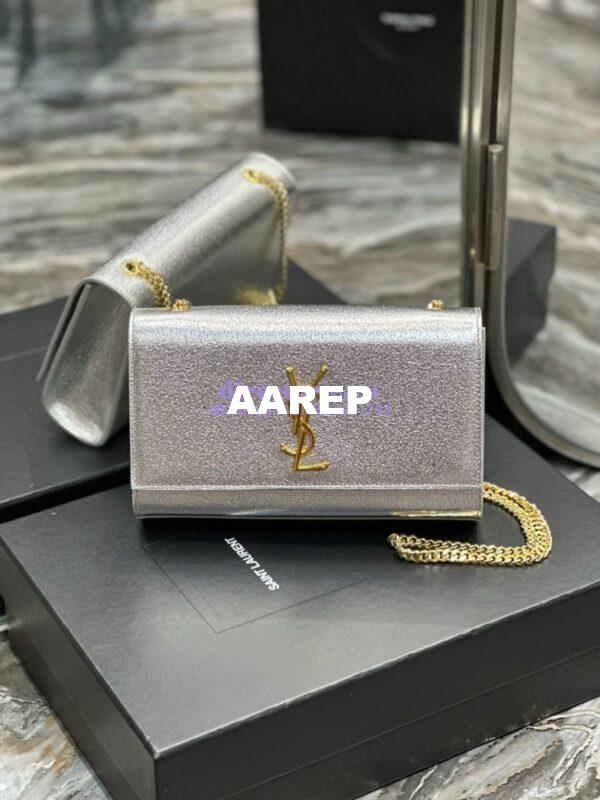 Replica YSL Saint Laurent Medium Kate Chain Bag In Silver Metallic Calfskin 364021