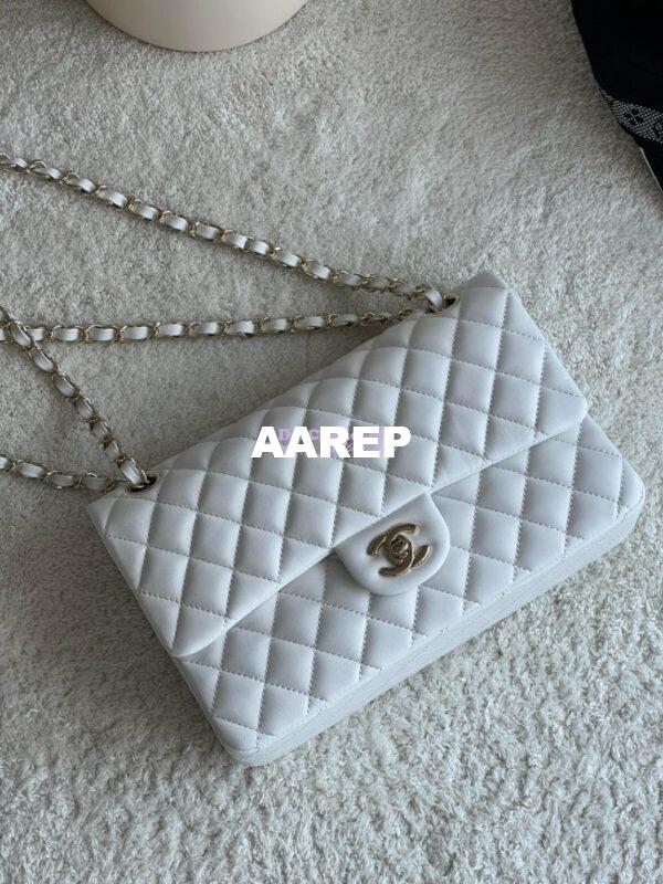 Replica Chanel Medium CF Classic Double Flap Bag Quilted Lambskin Light Gold Hardware White