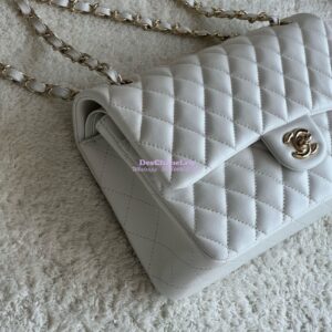 Replica Chanel Medium CF Classic Double Flap Bag Quilted Lambskin Light Gold Hardware White 2