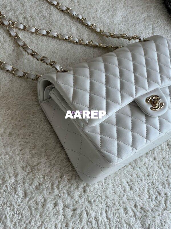 Replica Chanel Medium CF Classic Double Flap Bag Quilted Lambskin Light Gold Hardware White 2