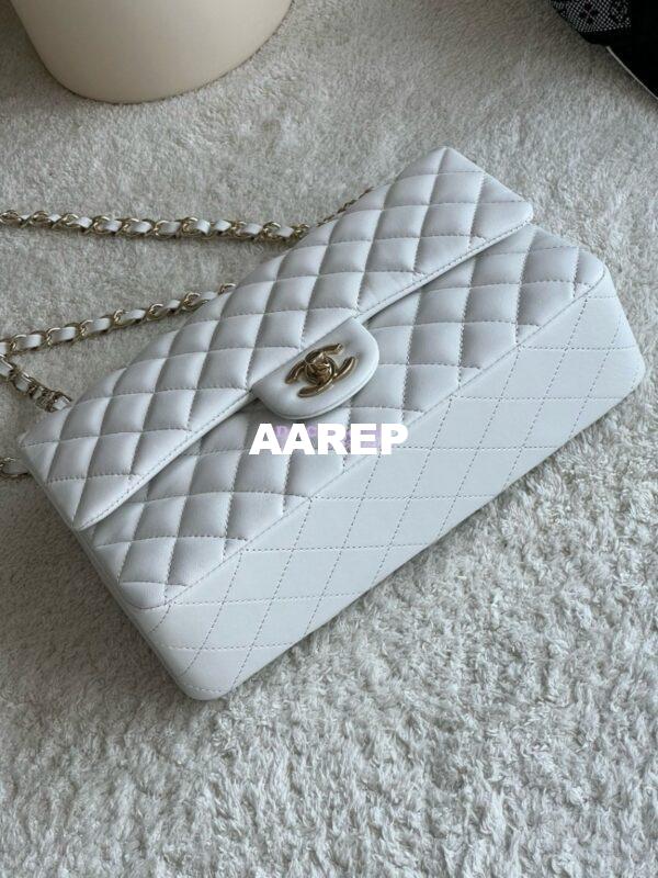 Replica Chanel Medium CF Classic Double Flap Bag Quilted Lambskin Light Gold Hardware White 4