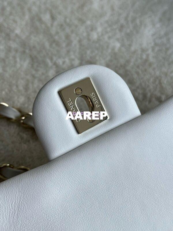 Replica Chanel Medium CF Classic Double Flap Bag Quilted Lambskin Light Gold Hardware White 6
