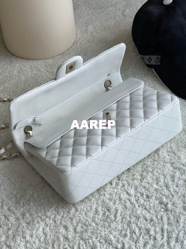 Replica Chanel Medium CF Classic Double Flap Bag Quilted Lambskin Light Gold Hardware White 7
