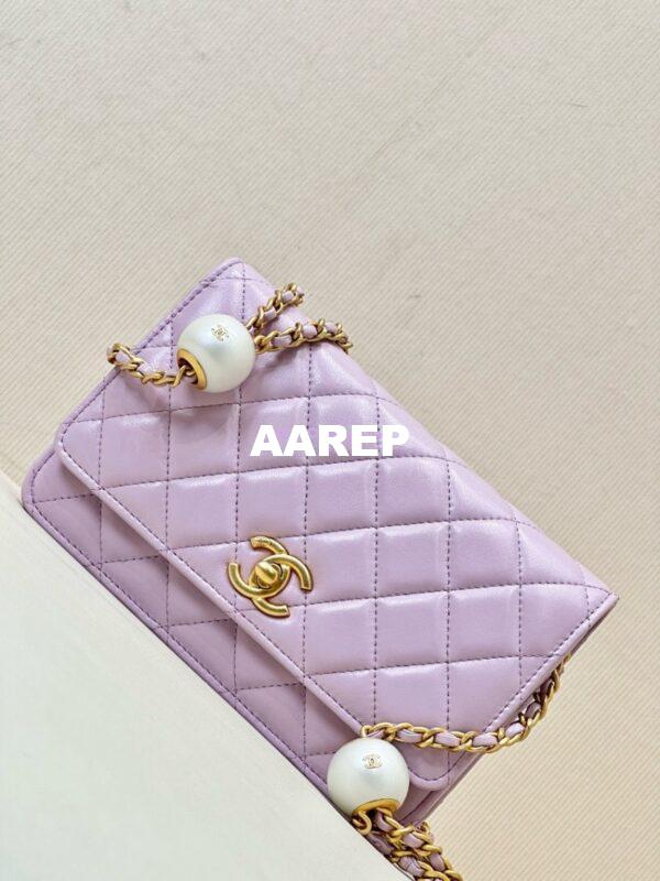 Replica Chanel 24P Wallet on Chain WOC AP3964 Lambskin with Imitation Pearls Lilac 5