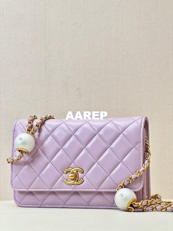 Replica Chanel 24P Wallet on Chain WOC AP3964 Lambskin with Imitation Pearls Lilac 6