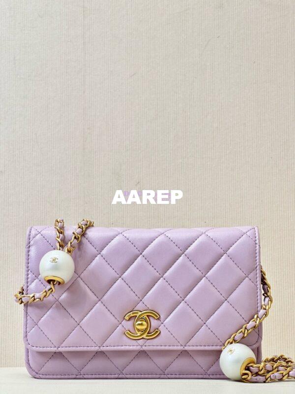 Replica Chanel 24P Wallet on Chain WOC AP3964 Lambskin with Imitation Pearls Lilac 7