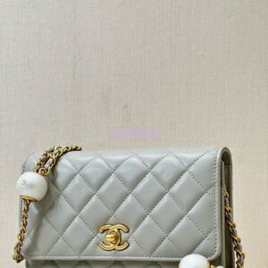 Replica Chanel 24P Wallet on Chain WOC AP3964 Lambskin with Imitation Pearls Grey 2