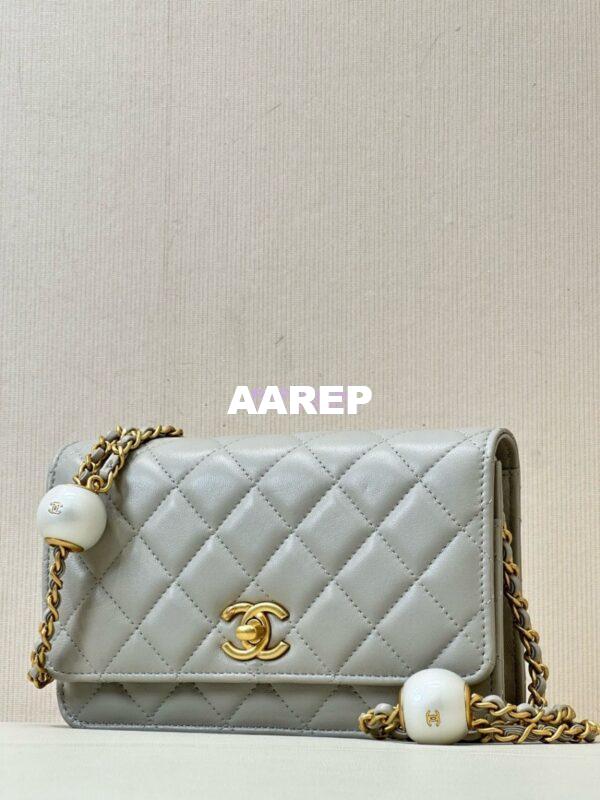 Replica Chanel 24P Wallet on Chain WOC AP3964 Lambskin with Imitation Pearls Grey 4