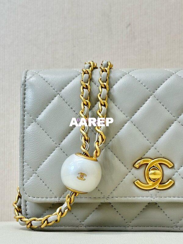 Replica Chanel 24P Wallet on Chain WOC AP3964 Lambskin with Imitation Pearls Grey 6