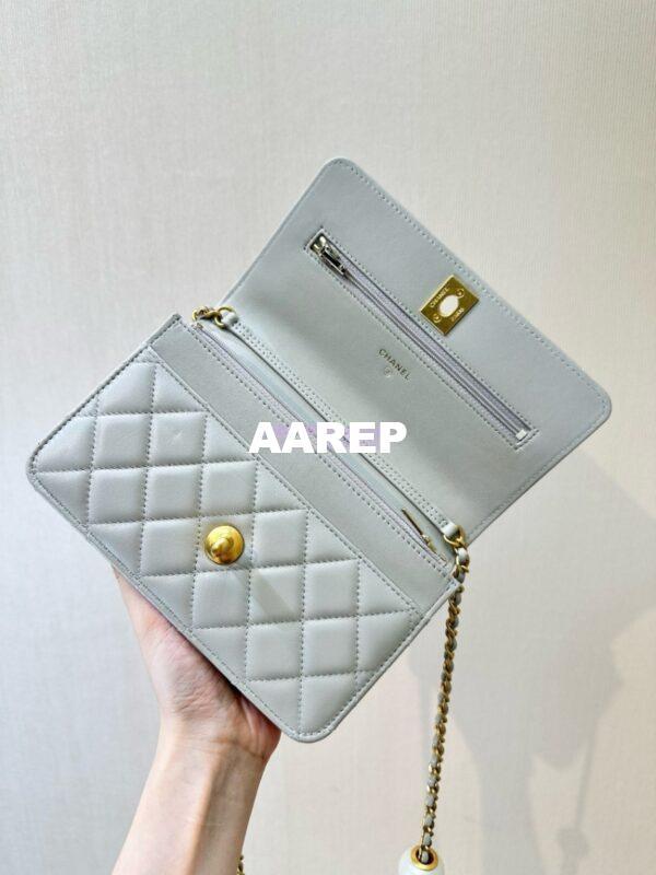 Replica Chanel 24P Wallet on Chain WOC AP3964 Lambskin with Imitation Pearls Grey 10