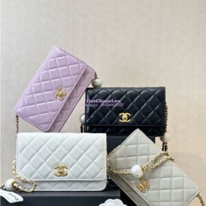 Replica Chanel 24P Wallet on Chain WOC AP3964 Lambskin with Imitation Pearls White