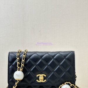 Replica Chanel 24P Wallet on Chain WOC AP3964 Lambskin with Imitation Pearls Black
