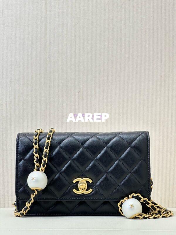 Replica Chanel 24P Wallet on Chain WOC AP3964 Lambskin with Imitation Pearls Black 3