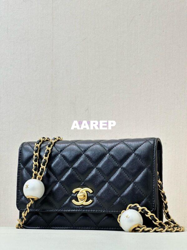 Replica Chanel 24P Wallet on Chain WOC AP3964 Lambskin with Imitation Pearls Black 4