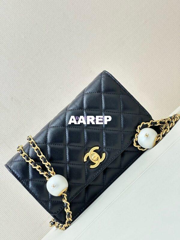 Replica Chanel 24P Wallet on Chain WOC AP3964 Lambskin with Imitation Pearls Black 5
