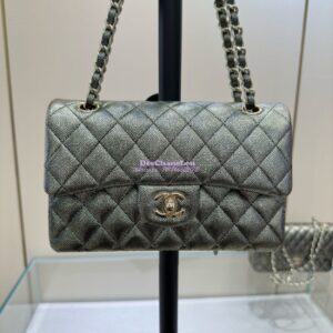 Replica Chanel Small Classic Double Flap Bag in Light Gold Hardware 23cm Iridescent Metallic Black with White Spot Quilted Caviar 2