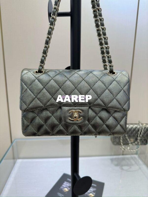 Replica Chanel Small Classic Double Flap Bag in Light Gold Hardware 23cm Iridescent Metallic Black with White Spot Quilted Caviar 4