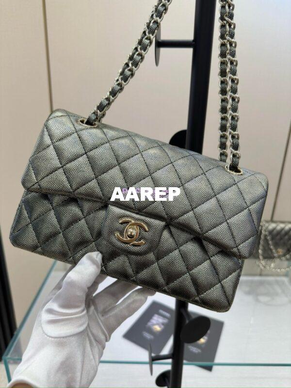Replica Chanel Small Classic Double Flap Bag in Light Gold Hardware 23cm Iridescent Metallic Black with White Spot Quilted Caviar 5